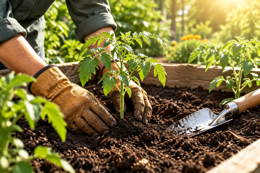 Gardener planting a seedling with stainless steel tools