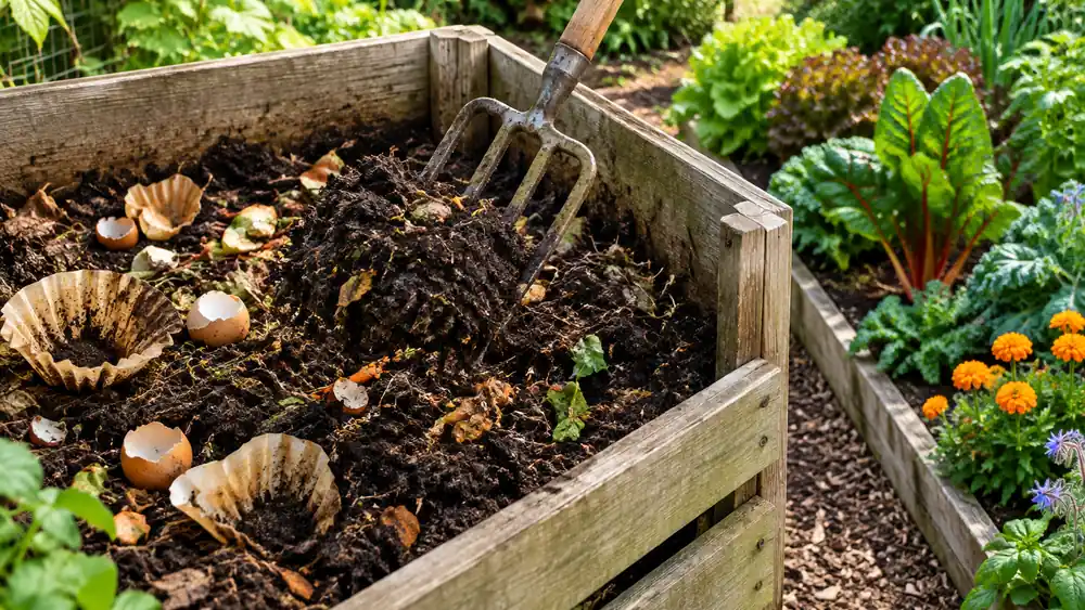 Compost bin with rich dark finished compost and garden fork