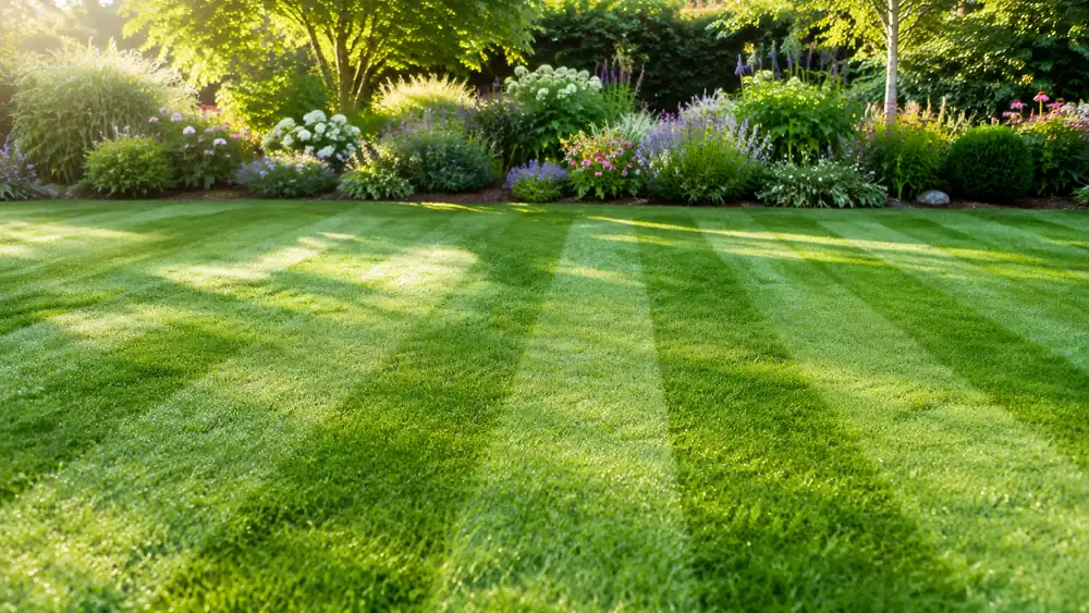 Freshly mowed striped green lawn in morning light