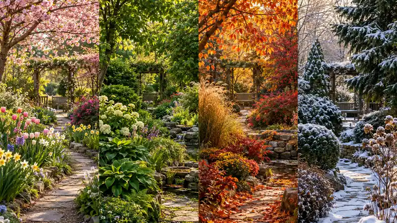 Garden path shown through all four seasons