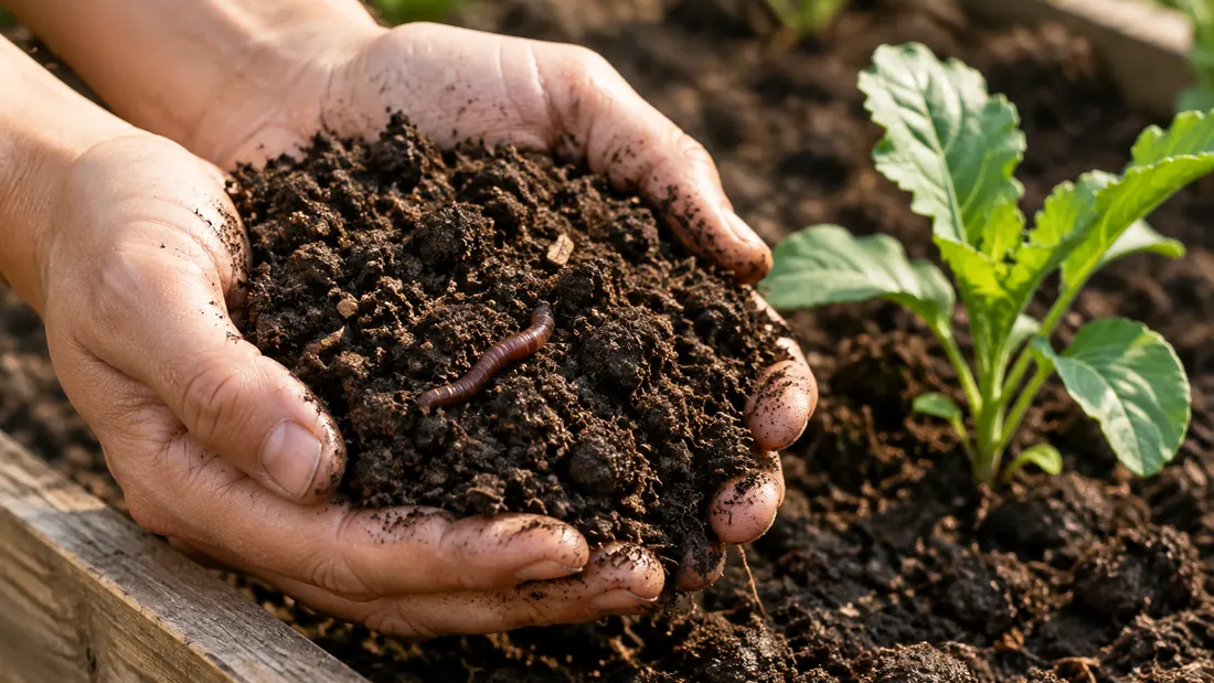 Rich dark garden soil held in cupped hands over a raised bed
