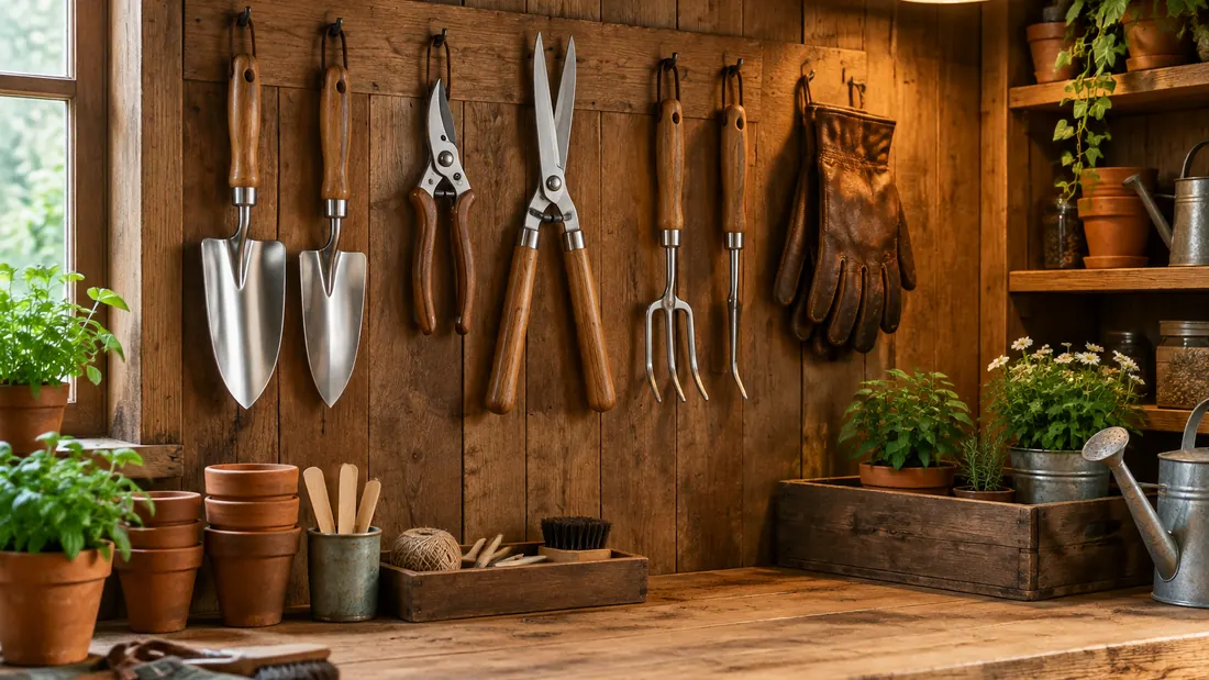 Clean garden hand tools hanging on a wooden workshop wall