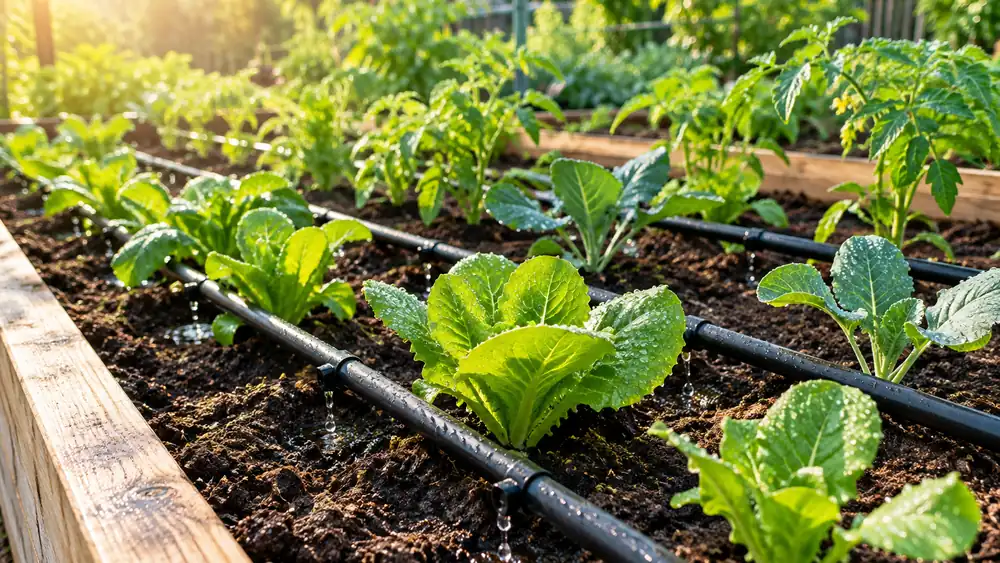 Drip irrigation lines watering young vegetable seedlings