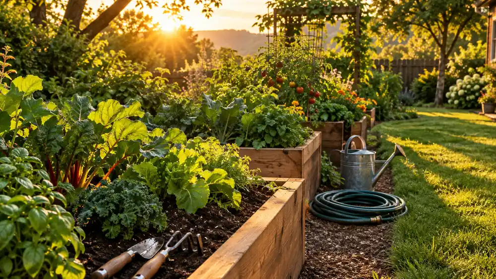 Lush backyard garden with raised beds and stainless steel tools