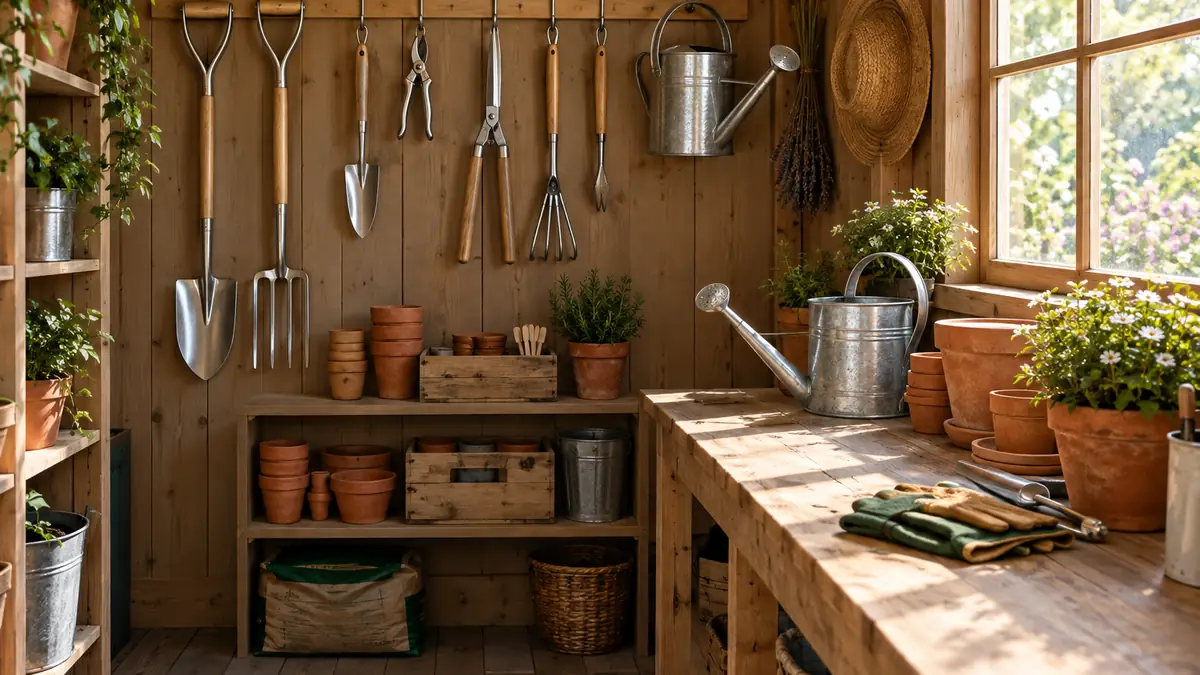 Organized garden tool shed with stainless steel tools